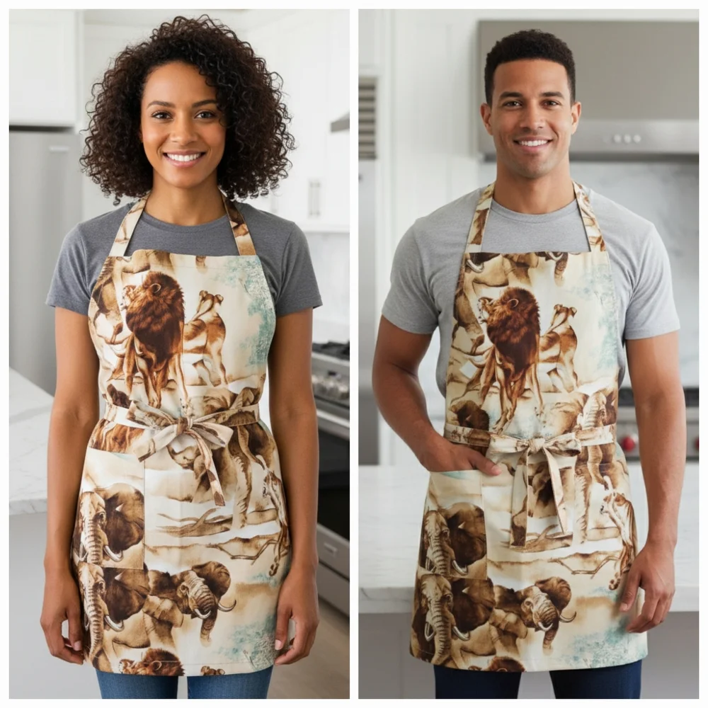 Apron Size S/M NEW Animal Print Elephant Lion Long Ties Handmade Africa Savannah